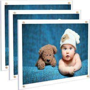 Kalami 3 Pack 8x10 Picture Frame Wall Mount Self Adhesive, Clear Acrylic No Drill Floating Frameless Poster Frame for Office Photo Canvas Document Gallery, Full Frame Size 10x11