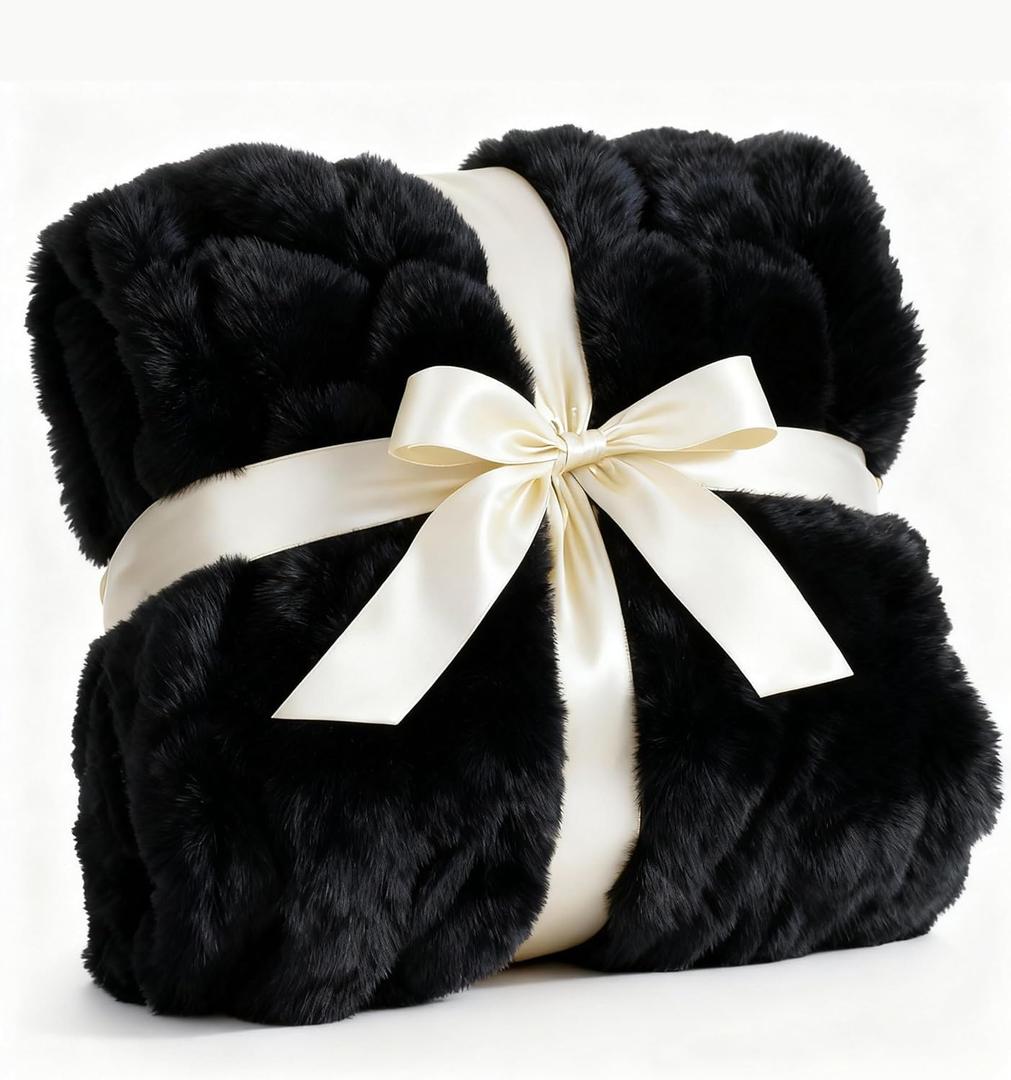 Fluffy Throw Bubble Blanket Twin Size - Faux Fur Throw for Couch or Bed - Plush Soft Extra Thick Faux Fur Rabbit Blanket - Comfy, Warm & Breathable - Luxury Minky Tie Dye Bedding - 60" x 80", Black