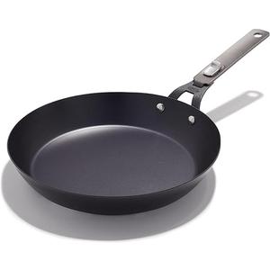 OXO Outdoor Pre-Seasoned Carbon Steel 12" Frying Pan Skillet, Detachable Handle for Easy Storage, Indoor Use, Nonstick with Use, Induction Suitable, Oven & Broiler Safe, Browning, Grill, Sear, Saute, Black