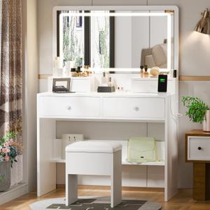 Haewon Makeup Vanity Desk with Mirror, Lights and Charging Station, White Vanity with 3 Lighting Modes, Dressing Table Set with 4 Drawers and Storage Chair for Bedroom (Small)