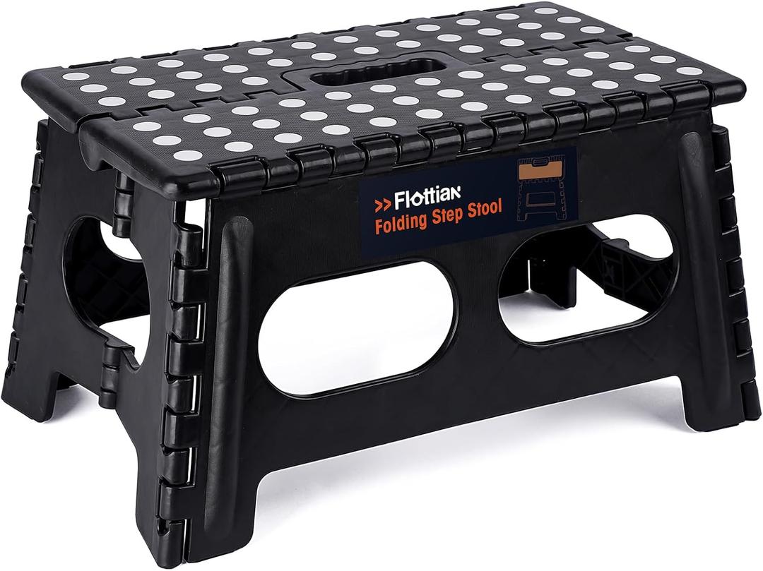 Flottian 9" Folding Step Stool for Adults and Kids 15-Inch Extra Wide Stool Holds Up to 300 lbs,Non-Slip Folding Stools with Handle,Compact Plastic Foldable Step Stool for Bathroom,Kitchen,ect (Black)
