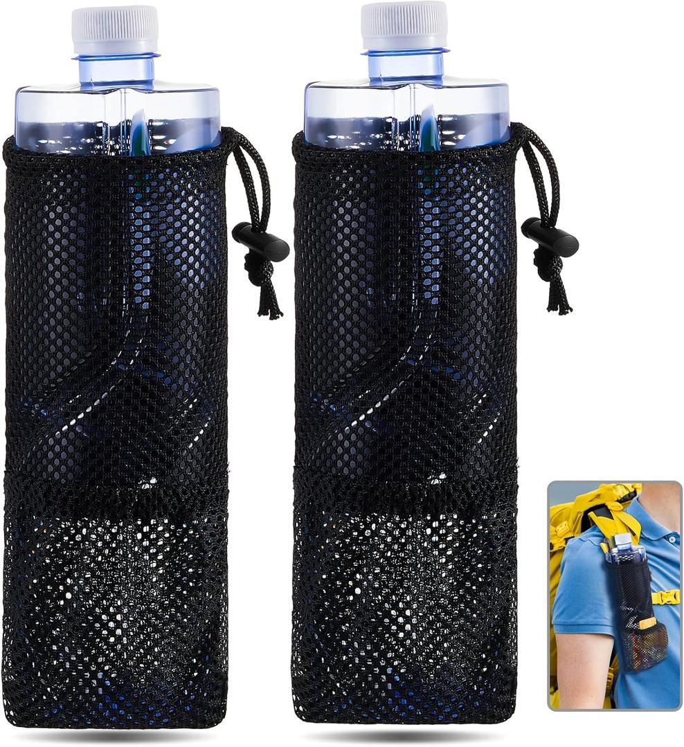 Riakrum 2 Pcs Water Bottle Holder for Backpack Foldable Mesh Water and Snack Holder Adjustable Pouch Tactical Attachments Bottle Carrier for Hiking Bicycle(Black)