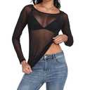 Womens Mesh Tops Long Sleeve Sheer Shirts Fitted Crewneck See Through Sexy Top Clubwear Party Club Night Blouses, Black, XL