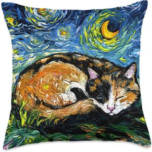 Sleeping Calico Cat Starry Night Animal Lover Pet Artwork Throw Pillow (18x18)