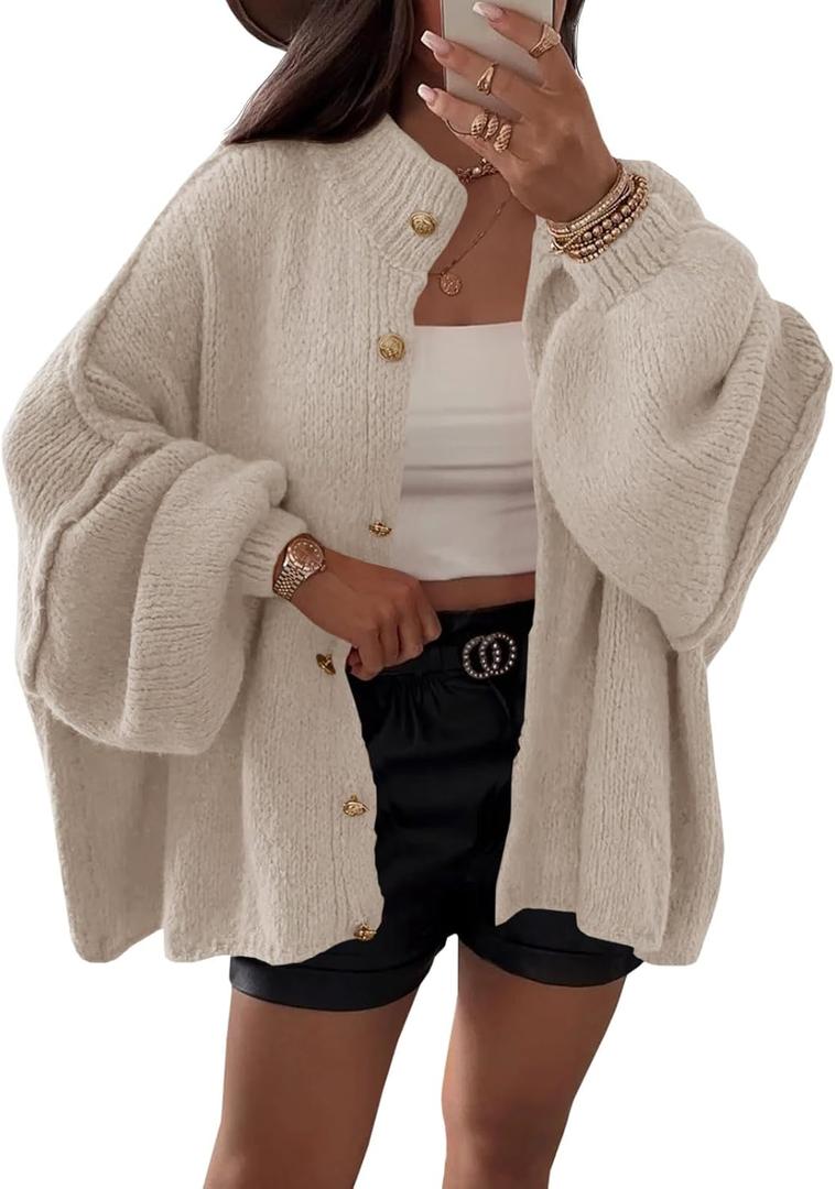 Saodimallsu Womens Oversized Cardigans Long Lantern Sleeve Button Down Chunky Knit Loose Fall Sweater Coats (Medium, Khaki)