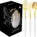 Supernal 102pcs Gold Plastic Cutlery, Durable Plastic silverware,Disposable Cutlerty with White Handle,Include 34 Forks,34 Knvies,34 Spoons, Suit for Wedding,Birthday,Party
