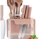 17 Pieces Kitchen Utensils Set and Knife Set with Acrylic Block, Silicone Utensils Set for Cooking, Sharp Stainless Steel Knife Block Set with Built-in Sharpener Dicing Chopping (Pink)