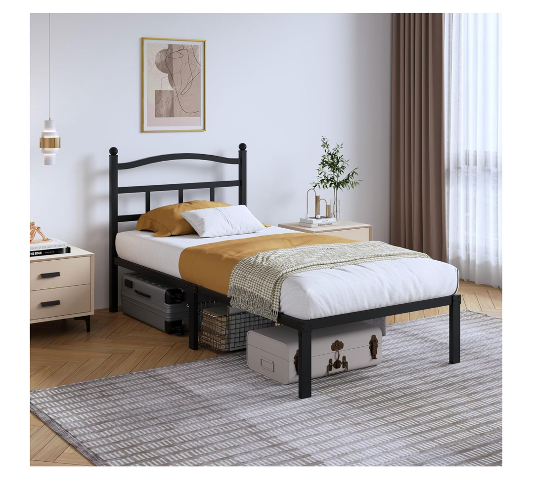 14 Inch Metal Bed Frame - Twin Size Heavy Duty Bedframe with Headboard Black Basic Steel Slats Platform No Box Spring Needed/Easy Assembly/Noise Free