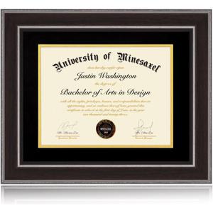 11x14 Diploma Frames 8.5x11 with Black Mat, Fits Degree Certificate Document, 14 x 11 Walnut Color Frame with Plexiglass Panel for Wall Mounting or Tabletop Display