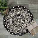 Uphome Small Round Rug 2.3 Black Mandala Boho Bathroom Rugs with Pom Poms Fringe Washable Circle Shower Mat Soft Non-Slip Cute Circular Throw Rug for Sink Powder Room Bedroom Kids Room Nursery