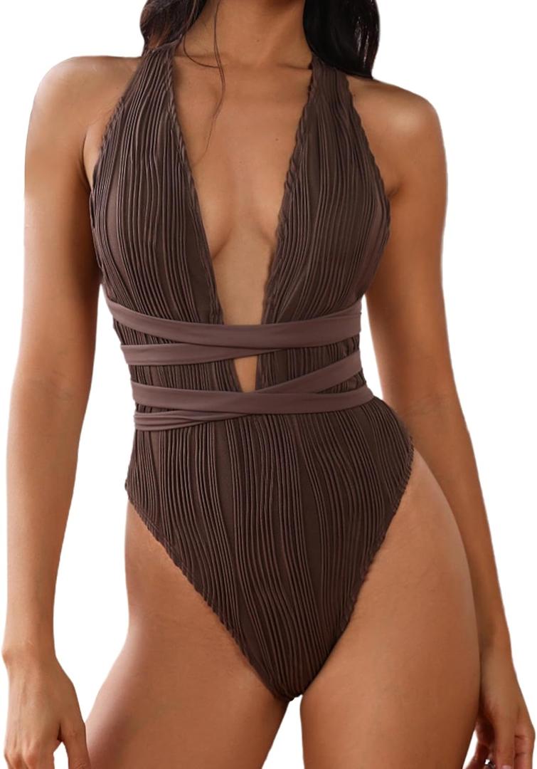 ZAFUL Women's One Piece Swimsuit Deep V Neck Ribbed Self Tie Sexy High Cut Bathing Suit Crisscross Back Swimwear (Brown, L)