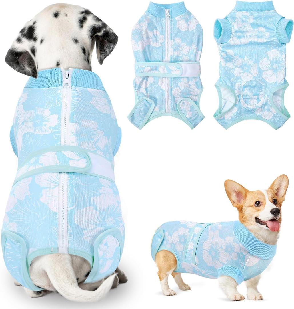 Nasjac Recovery Suit for Dogs - Zipper on Recovery Suit for Female Male Dog, Abdominal Wounds Cone E-Collar Alternative Onesie, Prevent Licking Spay Recovery Shirt (Blue Flower, XS)