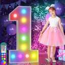 imprsv 4FT Colorful Marquee Numbers, 18 Colors with Remote, Light Up Numbers 1 for 1st 10th Birthday Decorations Anniversary Party Decor, Pre-Cut Foam Board Kit, Mosaic Sign for Balloon