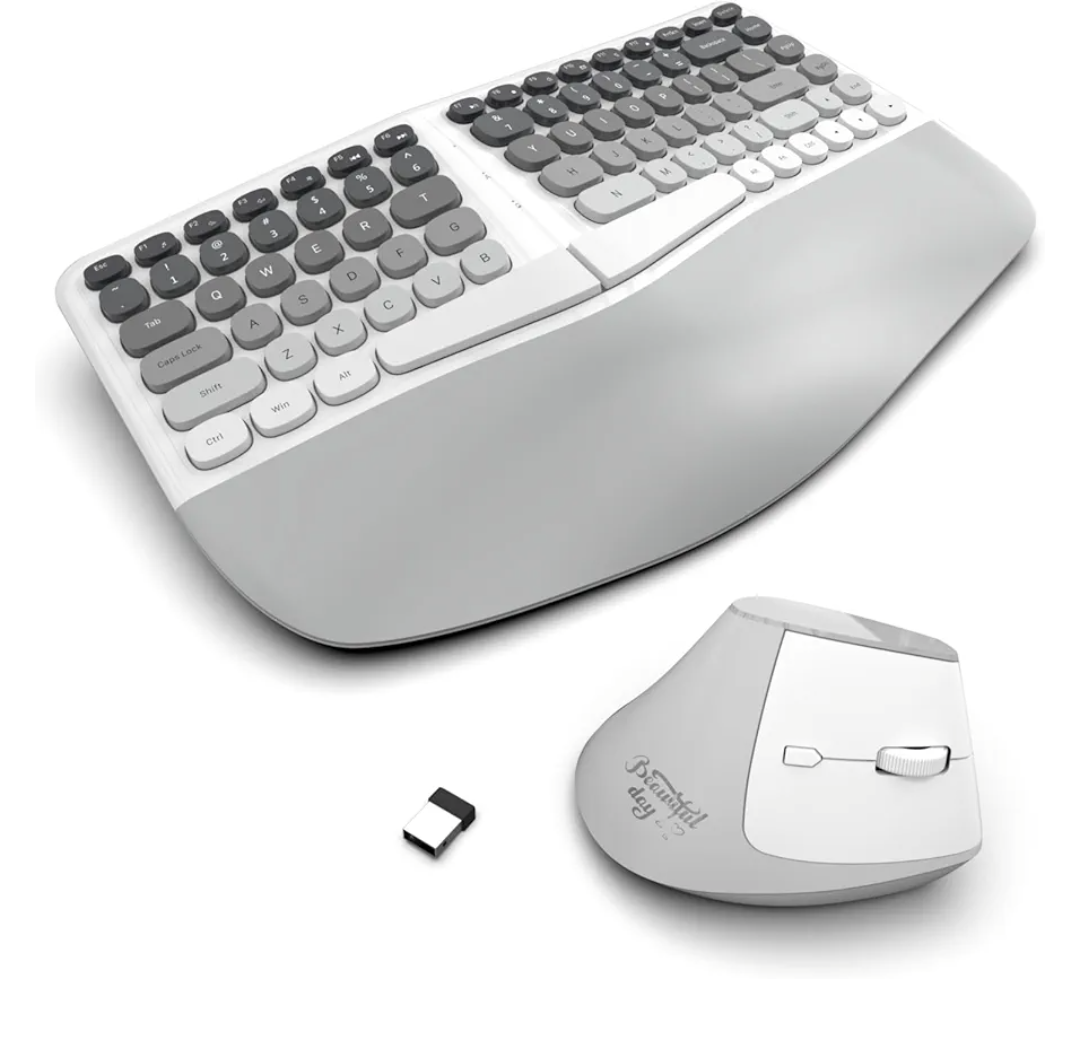 Ergonomic Wireless Keyboard and Mouse Set Creamy Wireless Keyboard Silent Mice Set with Wrist Rest for Computer, Laptop, PC, Mac, Windows