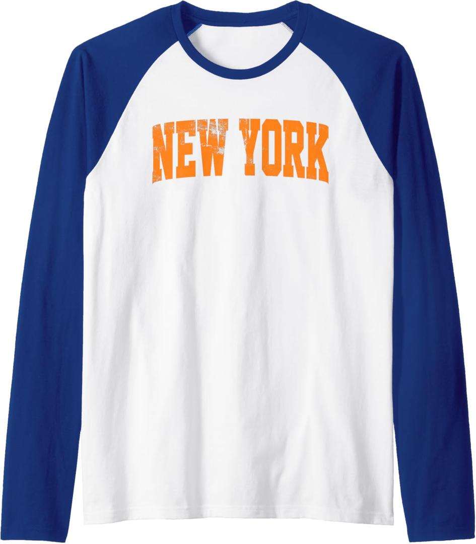 Vintage New York Men NY Blue Orange Women Retro New York Tee Raglan Baseball Tee. L Size, Royal Blue/White