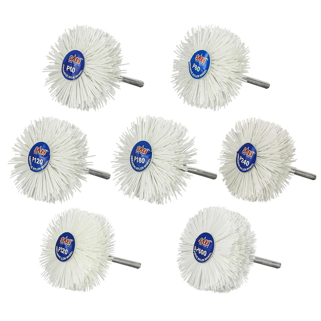 SALI 7 Pack Mixed Grit Abrasive Nylon Wheel Brush Grinding Head with 1/4" Shank Perfect for Removal of Rust,Corrosion,Paint,Woodwork PolishWhite