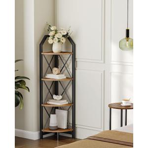 4-Tier Rustic Brown and Black Corner Shelf, 4-Shelf Industrial Corner Bookshelf, Space-Saving Corner Storage Stand, Plant Stand Display Shelf, Bedroom, Living Room, Home Office