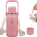 Insulated Water Bottle with Handle and Strap,Vacuum Travel Tumbler with Cup Lid,Thermo Coffee Cup for Hot Cold Drinks 27 OZ,Pink