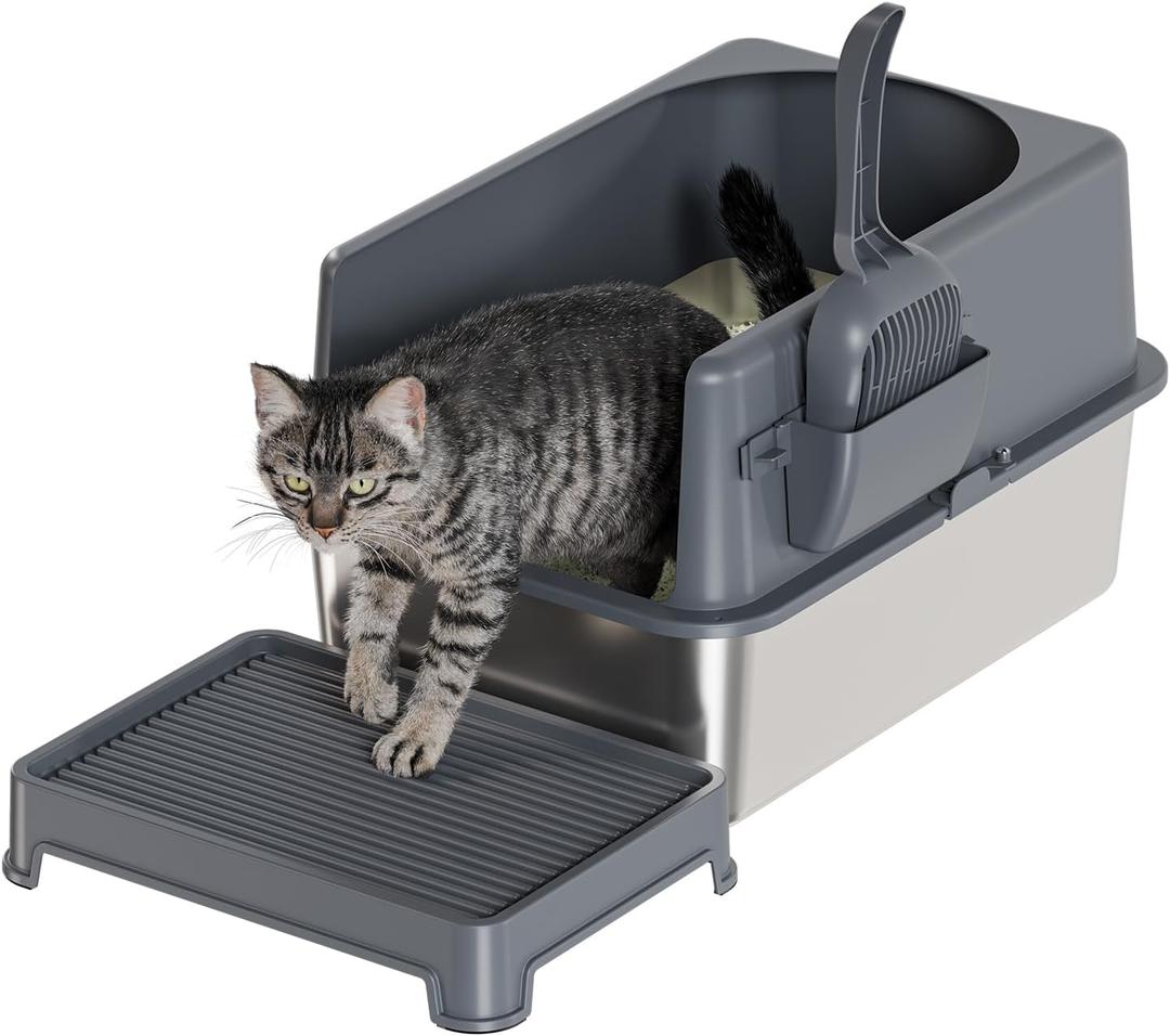 Booche High-Sided Stainless Steel Cat Litter Box,Stainless Steel Litter Box with Lid,Extra Large Cat Toilet,Easy-to-Clean Metal Litter Pan for Cats (20''L X 14''W X 12''H with Scoop&mat)