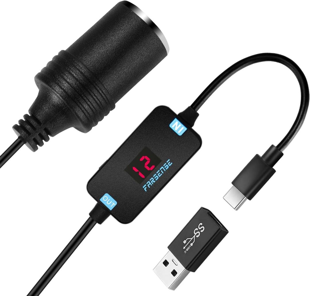 FARSENSE USB A to 12V Cigarette Lighter Adapter(36W)-USB C Male to Cigarette Lighter Female Socket PD Trigger Cable(2FT) with Switching Voltage and Display Voltage,for Dash Cam,GPS,Etc