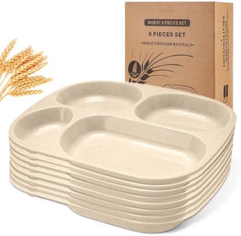 Vesici 8 Pcs 9'' Unbreakable Divided Plates Food Separator Dinner Plates Reusable Compartment Lunch Trays Dishwasher Microwave Safe(Beige)