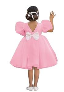 LalaMira Flower Girl Dress Organza Toddler Dresses Puff Sleeve & Bow Bcak Girls Princess Dress for Wedding Birthday Party Blushing Pink-3T
