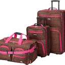 Rockland Vara Softside 3 Piece Upright Luggage Set, Expandable, (20"/28"/22" Rolling Duffel), Pink Leopard