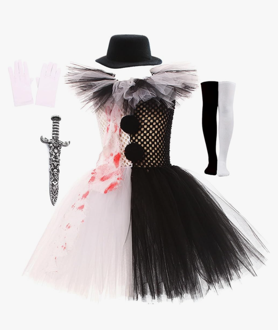 Scary Halloween Clown Costume for Girls Tulle Tutu Dress Knife Socks Gloves Hairpin Sets for Halloween Party Cosplay Size XXL