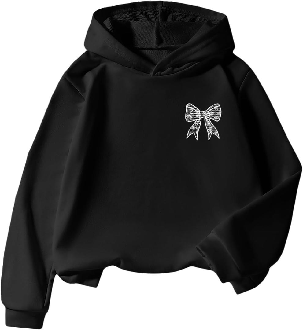 COZYEASE Girl's Letter Camo Graphic Hooded Sweatshirt Long Sleeve Drop Shoulder Hoodie 2025 Fall Outfits Pullover Tops (Bow Black)  Size 10Y