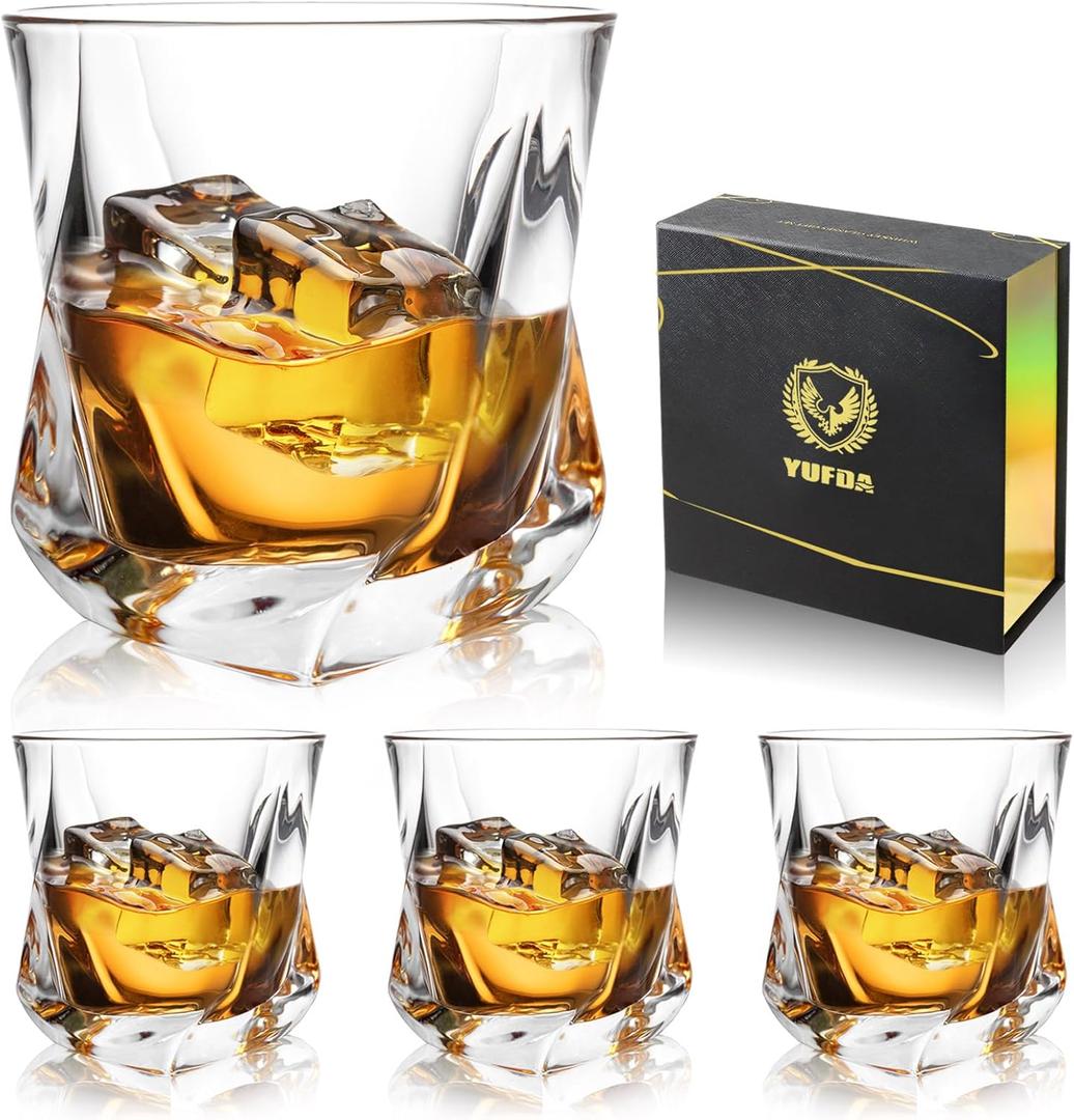 Whiskey Glasses, 7 oz Bourbon Glasses Set of 4 Square Bottom, Old Fashioned Glass for Drinking Cocktail Scotch Cognac, Luxury Whiskey gift for Men,Festival Gift