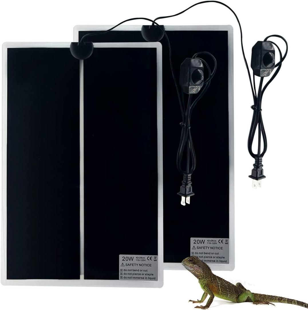 Reptile Heating Mat, 2PCS Reptile Heating Pad with Temperature Adjustment for Reptiles Tortoise Snakes Lizard Gecko Hermit Crab Amphibians - Removable Terrarium Heat Mats(20W,11x16.5 inches)