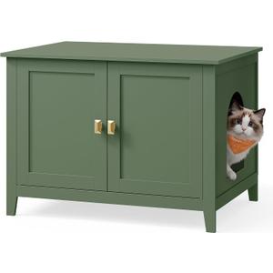 Feandrea Cat Litter Box Enclosure, Modern Hidden Cat Litter Box Furniture, Double Doors, Handles, Indoor Pet House Washroom, Living Room Side End Table, Forest Green UPCL015CH01