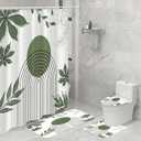 Inhousolu 4-Piece Shower Curtain Set with Bathroom Rugs, Water-Repellent Shower Curtain, Non-Slip Bath Mat, Toilet Lid Cover, U-Shaped Toilet Rug, 12 Hooks, 72 x 72 Inch, Leaves & Geometry