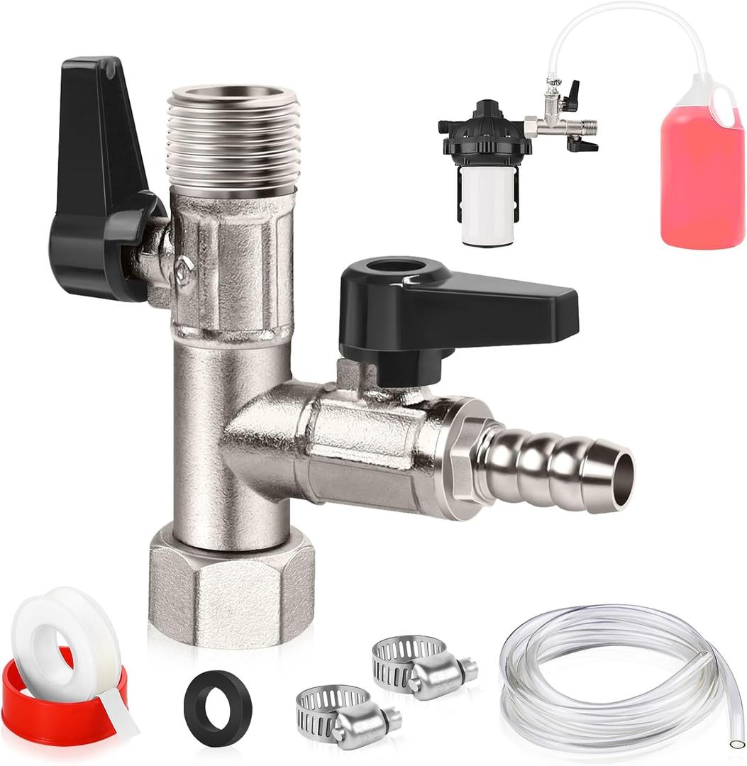 Boltigen RV Winterizing Kit - Brass Nickel Plated 3-Way By-Pass Diverter Valve Replacement, 1/2NPT/Barb Boat Pump Converter for Fill Pipes With Antifreeze