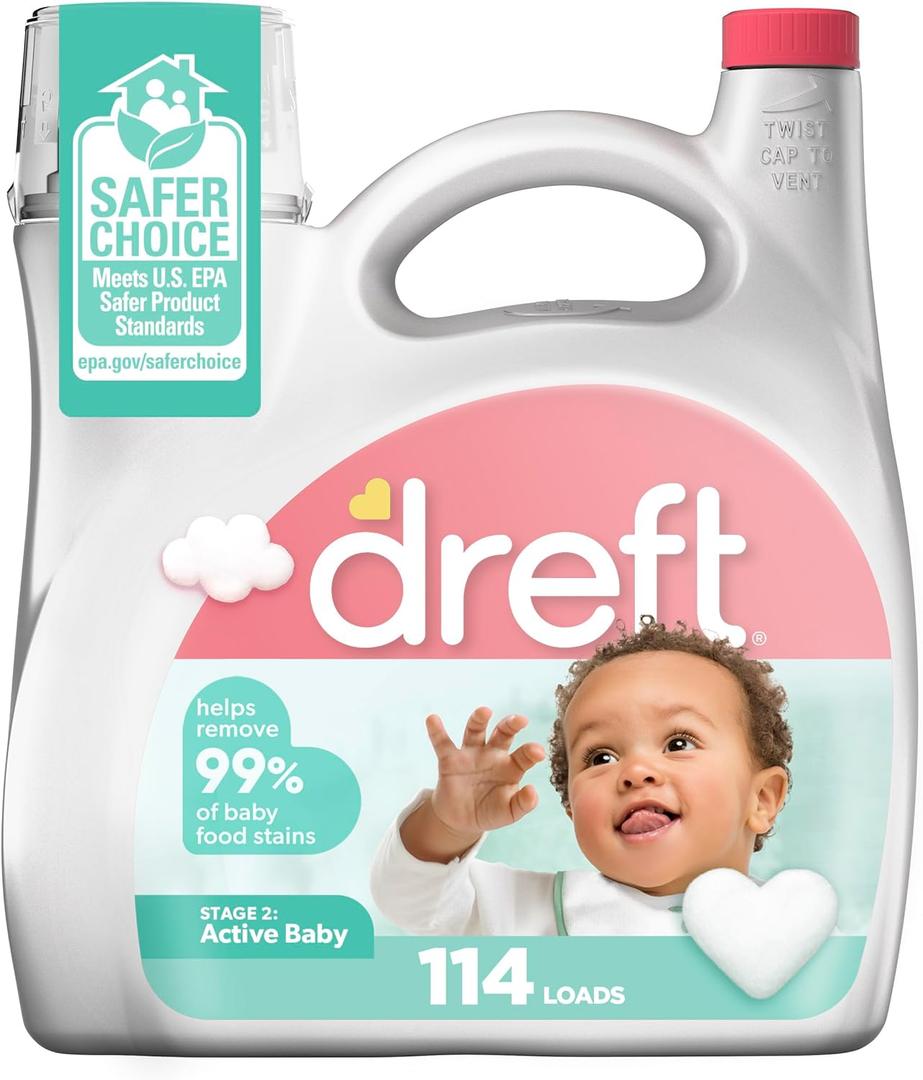 Dreft Stage 2 Active Baby Liquid Laundry Detergent, Hypoallergenic, Helps Remove 99% of Baby Food Stains, 114 Loads, Baby Laundry Detergent, Newborn Essentials (165 Fl Oz (Pack of 1))