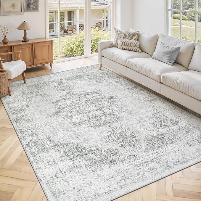 Area Rug 5x7 Washable Rug: Vintage Medallion Living Room Rug Non-Slip Soft Low Pile Retro Carpet for Bedroom Kitchen Dining Room Home Office(Grey, 5'x7')