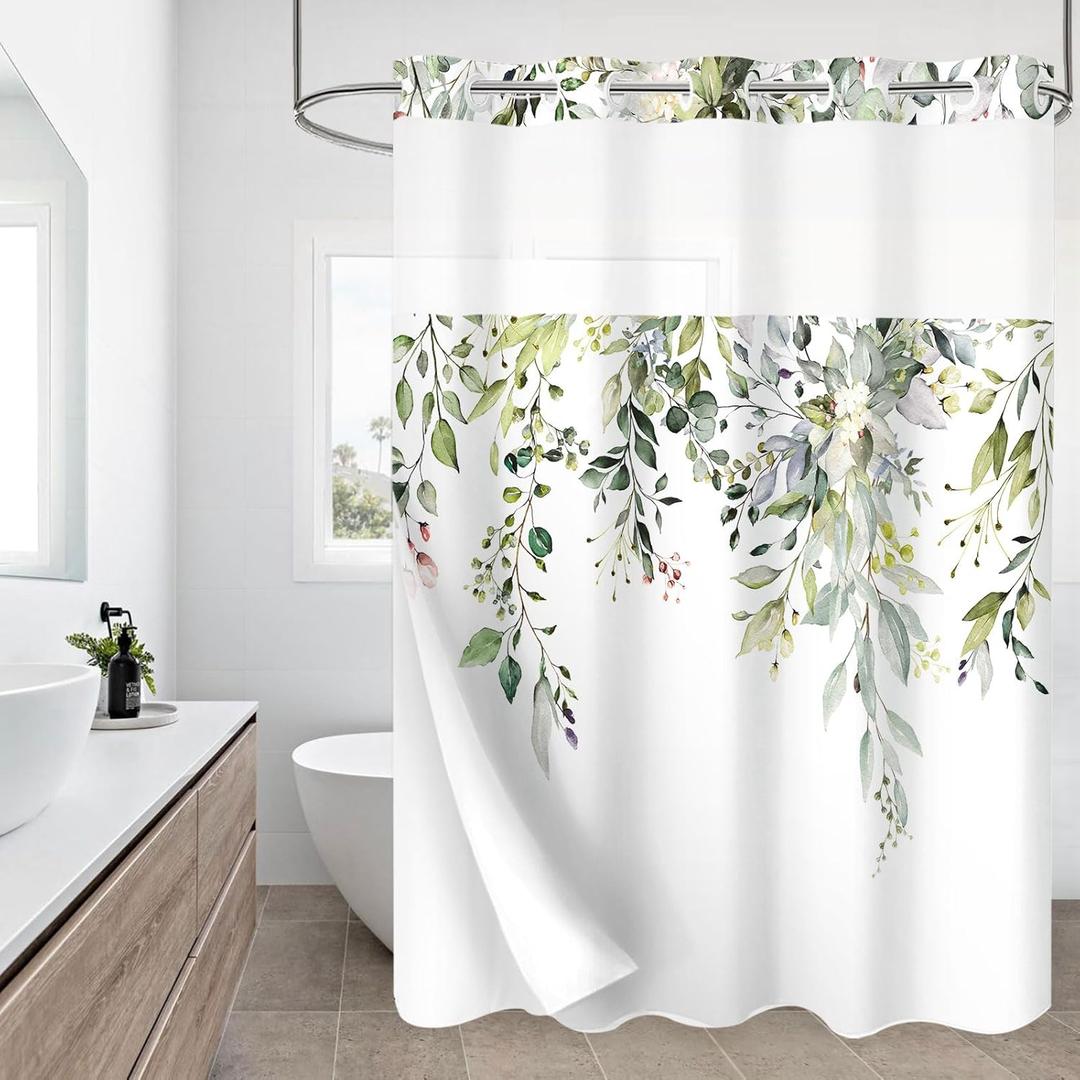 Gibelle No Hook Long Shower Curtain with Snap-in Fabric Liner Set - 72" x 80"(78"), Hotel Style Sage Green Eucalyptus Leaves Shower Curtain with See Through Top Window, Waterproof & Washable,Sage Green, 72"W x 80"L (Pack of 1)