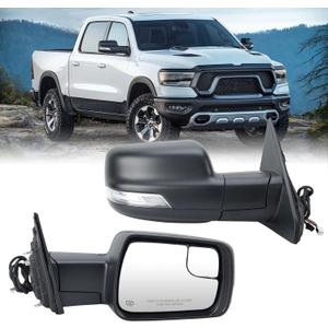 Passenger Side Mirror For 2019 2020 2021 2022 2023 2024 Ram 1500 Mirrors with Heated Power Folding Power Glass Turn Signal Puddle Lights Black Replace 68276500AH (R-10 Pins, Textured)