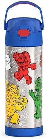 THERMOS FUNTAINER 16 Ounce Stainless Steel Vacuum Insulated Bottle with Wide Spout Lid, Mario