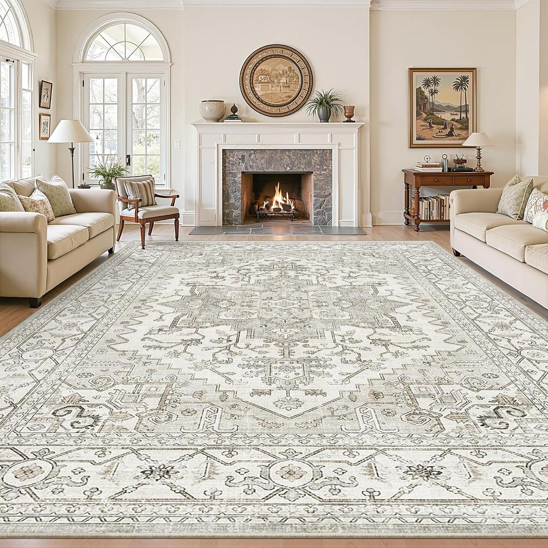 Living Room 10x14 Area Rugs, Washable Area Rug Stain Resistant Carpet Vintage Soft Rugs for Bedroom with Non Slip Backing Indoor Home Decor (10'x 14',Beige)