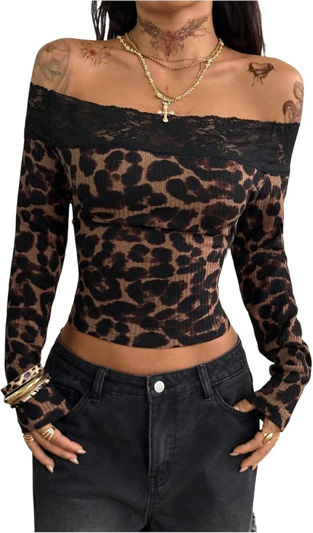 SHENHE Women's Off The Shoulder Leopard Top Lace Long Sleeve Slim Fit Y2k Going Out Crop Top (Medium, Brown)