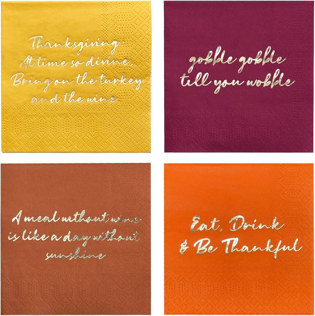 Thanksgiving Party Supplies, Golden Autumn Paper Beverage Napkins, Paper Cocktail Napkins for Autumn Party Decorations and Thanksgiving Party Decorations, 4 Assorted Colors , 80 Pack