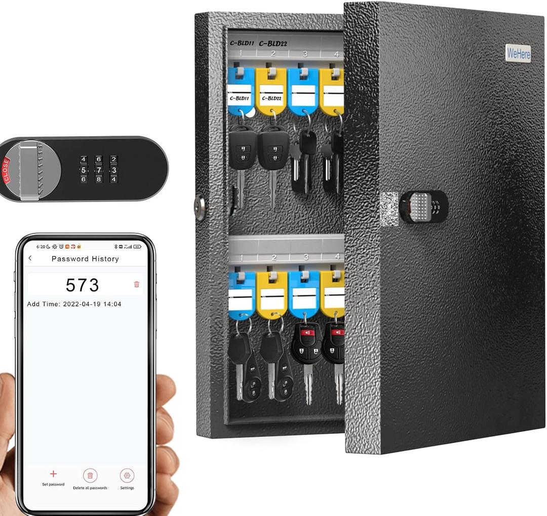 WeHere 32 Key Lock Box with Dual Lock, Combination & Key Unlock, Key Cabinet Wall Mount with Key Tag Label, Key Holder Storage Lockbox for Store, Office, Company, House, App Key Directory ERP