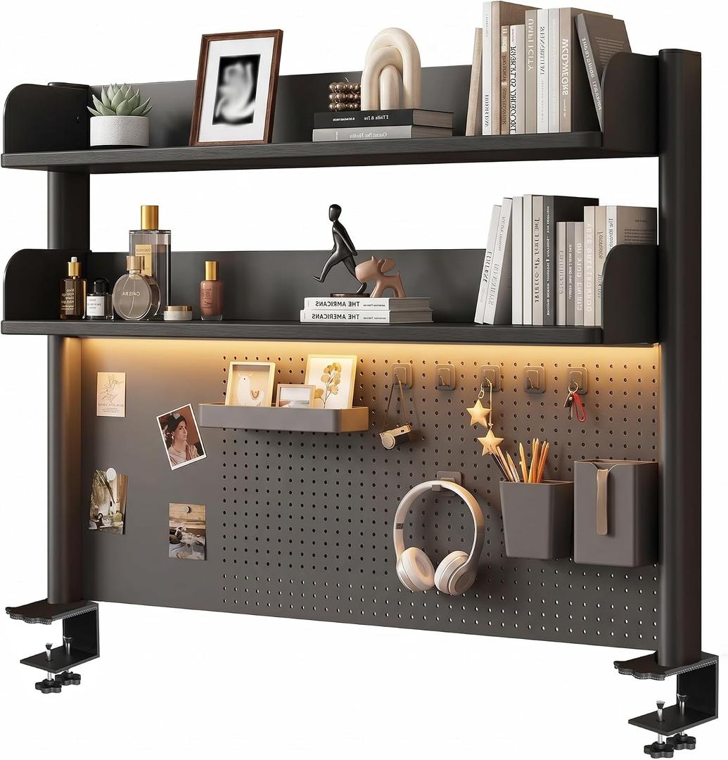 31.5in Clamp-on Desk pegboard Storage Rack with 2-Tier Storage