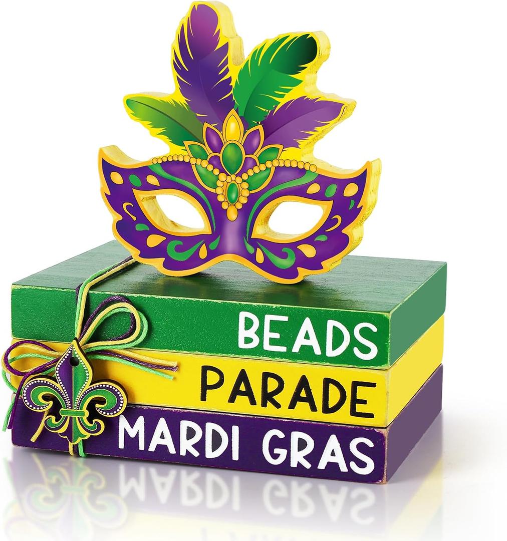 4 Pcs Mardi Gras Decorations for Home Masquerade Mask Wooden Table Centerpieces Mardi Gras Tabletop Blocks Sign Wood Books Stack Tiered Tray Decor Indoor Office Desk Shelf Rustic Mantel Carnival Party (Large, Purple)