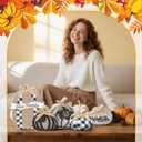 5 Pcs Fall Thanksgiving Pumpkin Decor for Home Thanksgiving Plaid Wooden Table Centerpiece Decorations Fall Wooden Pumpkin Signs for Autumn Farmhouse Home Kitchen Mantle Tabletop Supplies