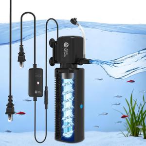 AquaMiracle Fish Tank Filter with Timer & Filter Sponge, 225GPH U - V Aquarium Filter with Aeration & Rainfall Modes, Effective Turtle Filter for Green Water Control (20-70 Gal Tank)