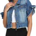 MISS MOLY Women's Denim Jacket Ruffle Sleeve Button Down Distressed Summer Cropped Jean Jackets, M