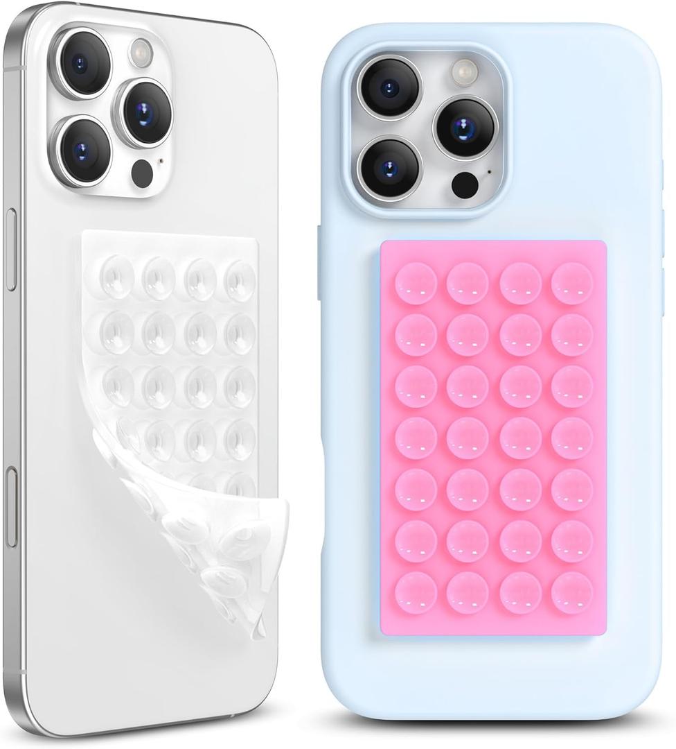 2 x 2 Pack Silicone Suction Cup Phone Case Mount Double-Sided, Hands-Free Strong Grip Holder for iPhone and Android, Sticky Phone Stand for Selfies and Videos, Tender Pink+Transparent