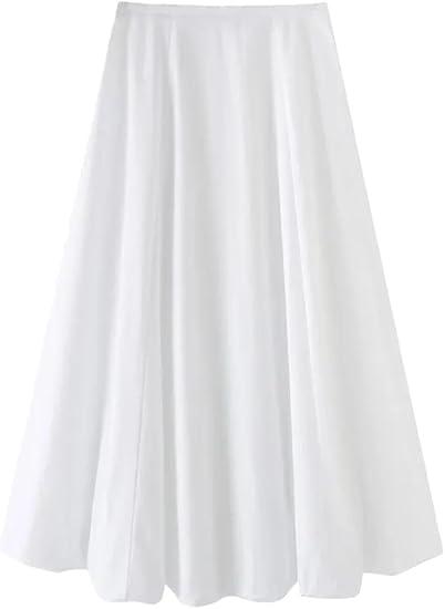 Women White Party Long Skirt Zipper High Waist Pleated Casual A-Line Swing Maxi Skirts, S
